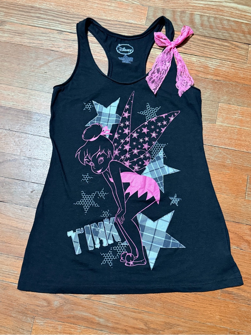 Vintage Disney Black Tank Top with Pink Tinker Bell ‘TINK’ graphic